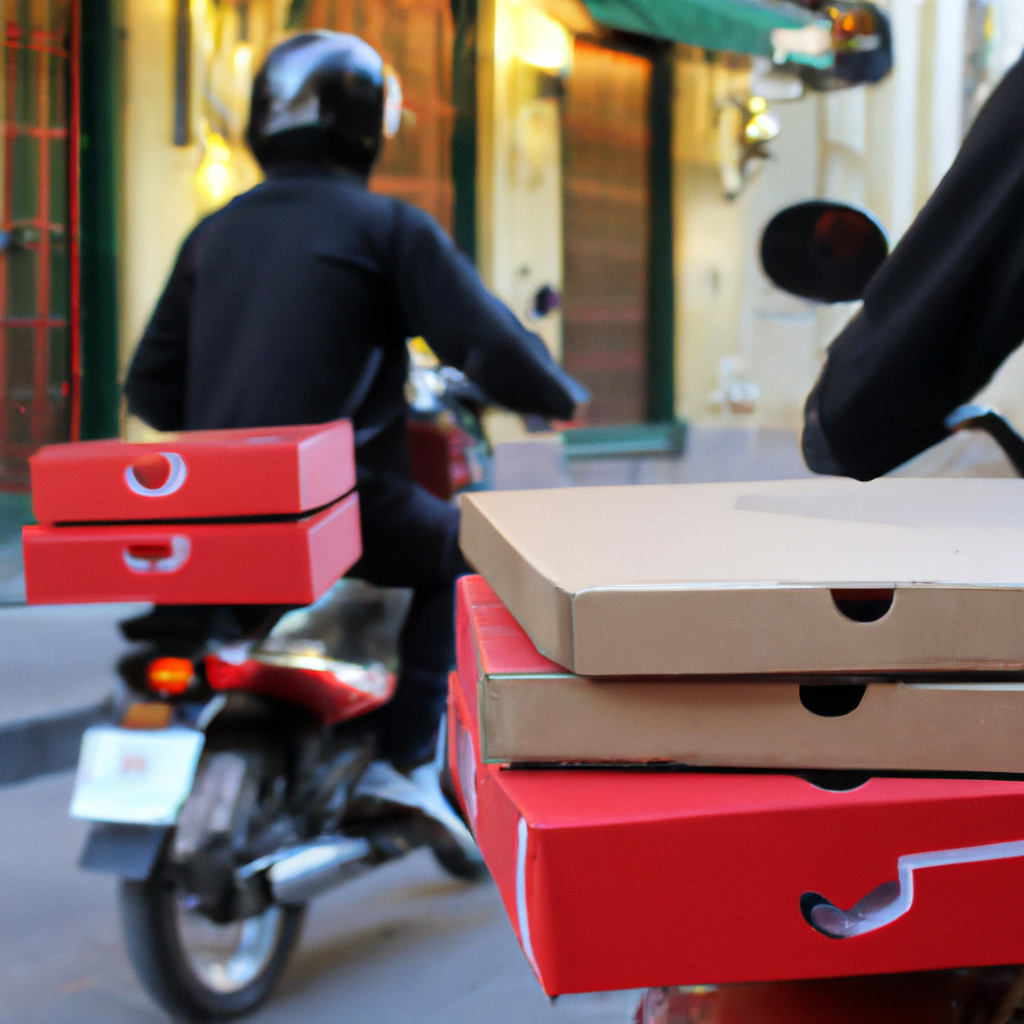 Equipo de logística y delivery en bicicletas con cajas de pizza