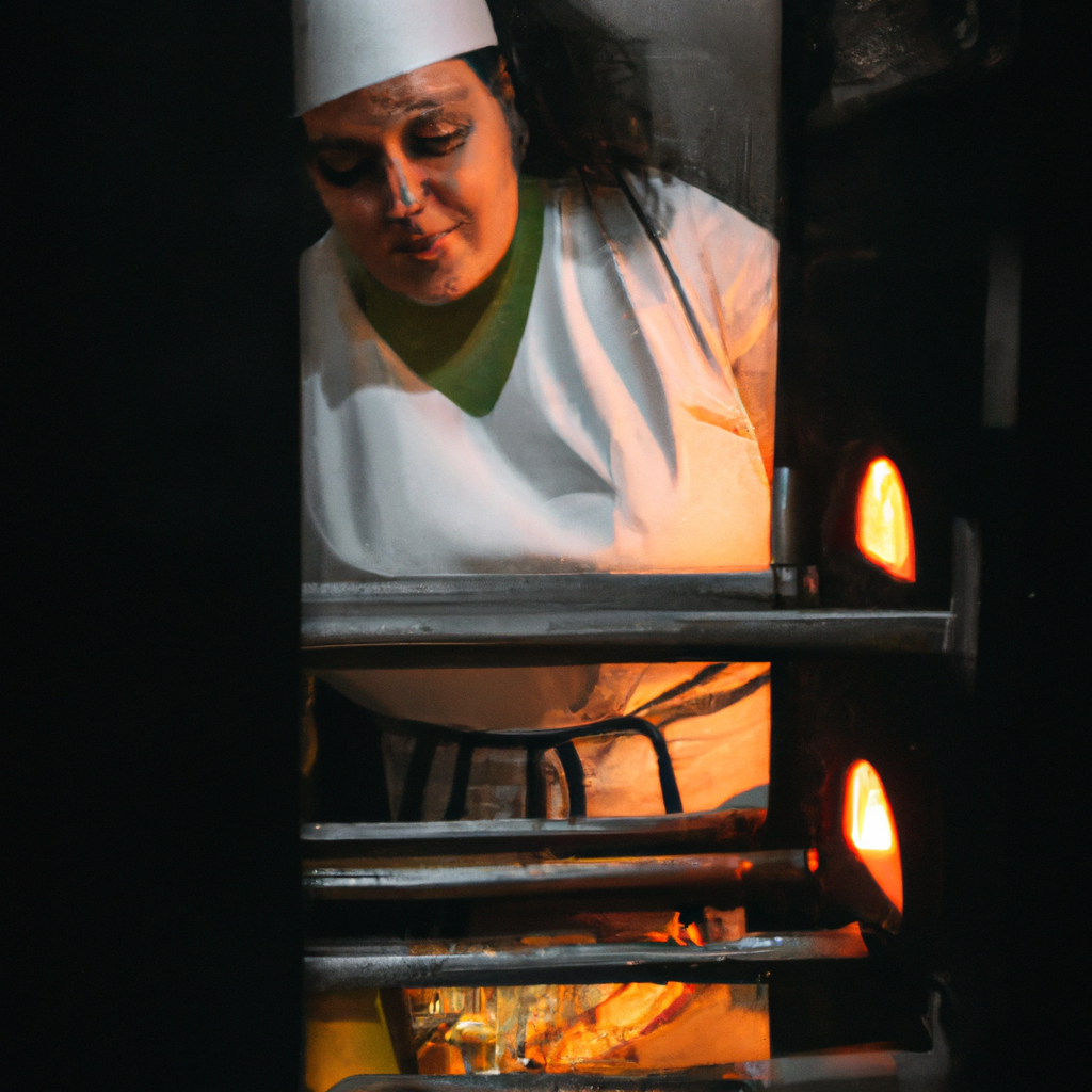 Retrato de la jefa de cocina preparando pizza en horno de leña